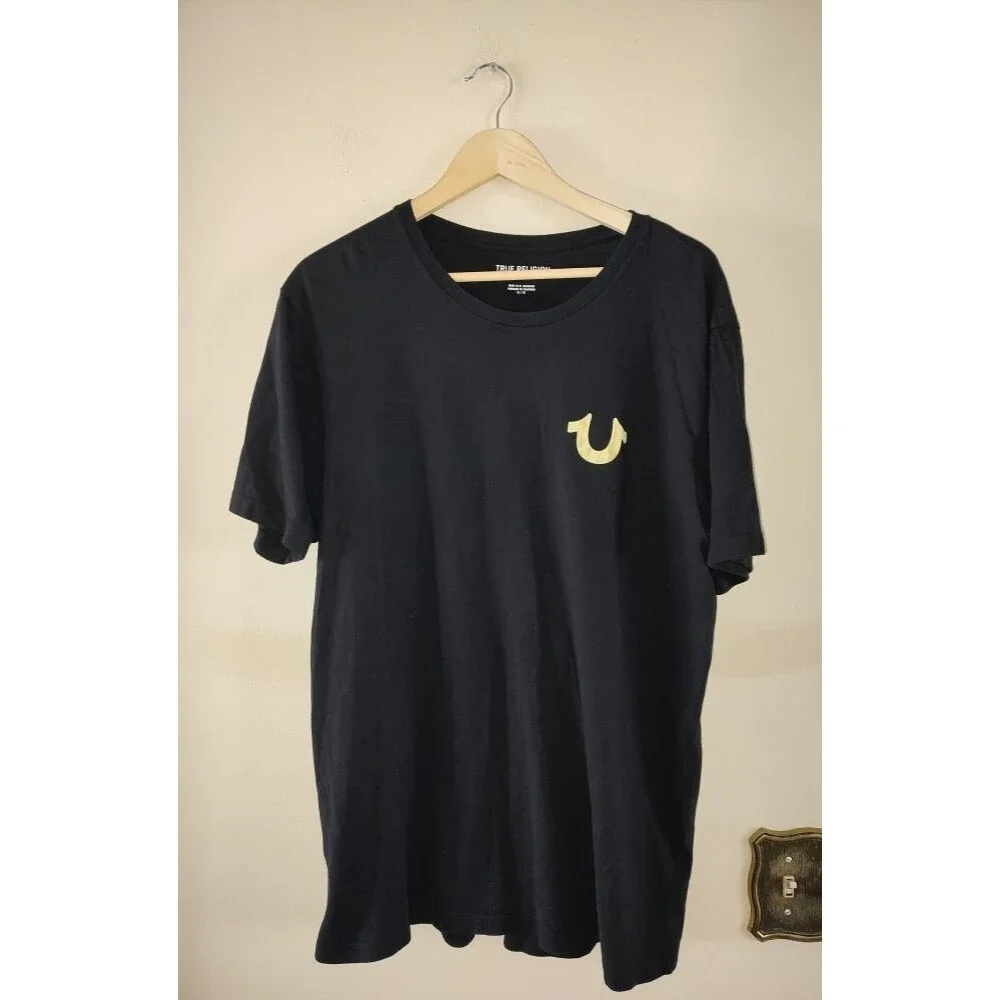 Men's True Religion Black T-Shirt with 3D Print Big Buddha Logo Size XL